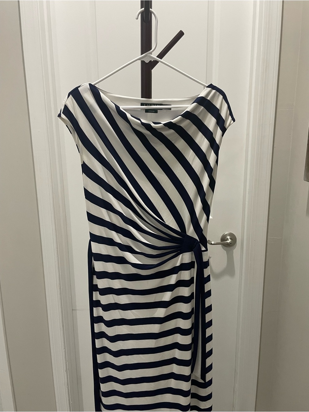 Ralph Lauren Navy and White Striped Midi Dress with Side Tie